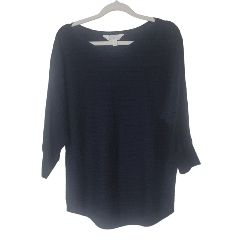 MARKET & SPRUCE Silk & Cashmere Blend Mini Cable Knit Navy Sweater Size Medium - Picture 2 of 9